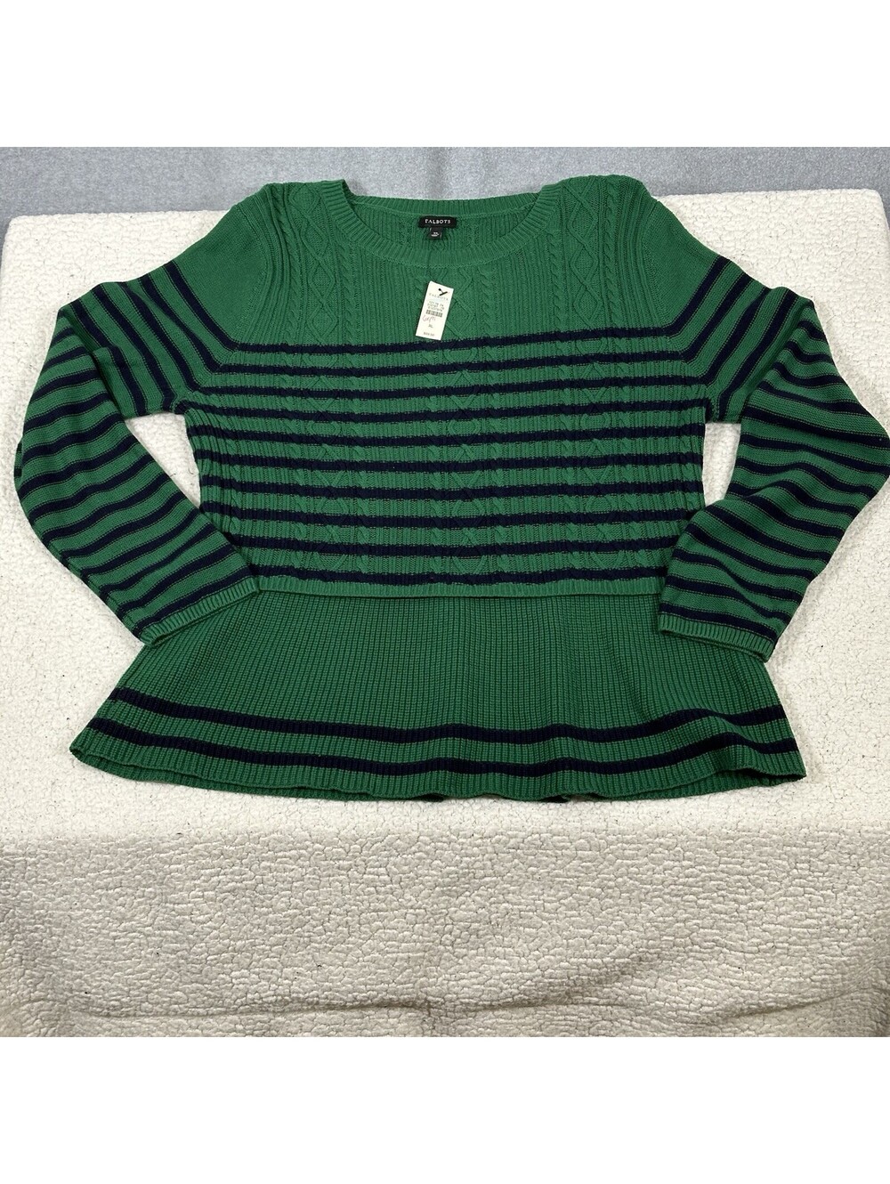 Talbots Women’s XL Cable Knit Peplum Sweater Cotton Cashmere Green Navy Stripes
